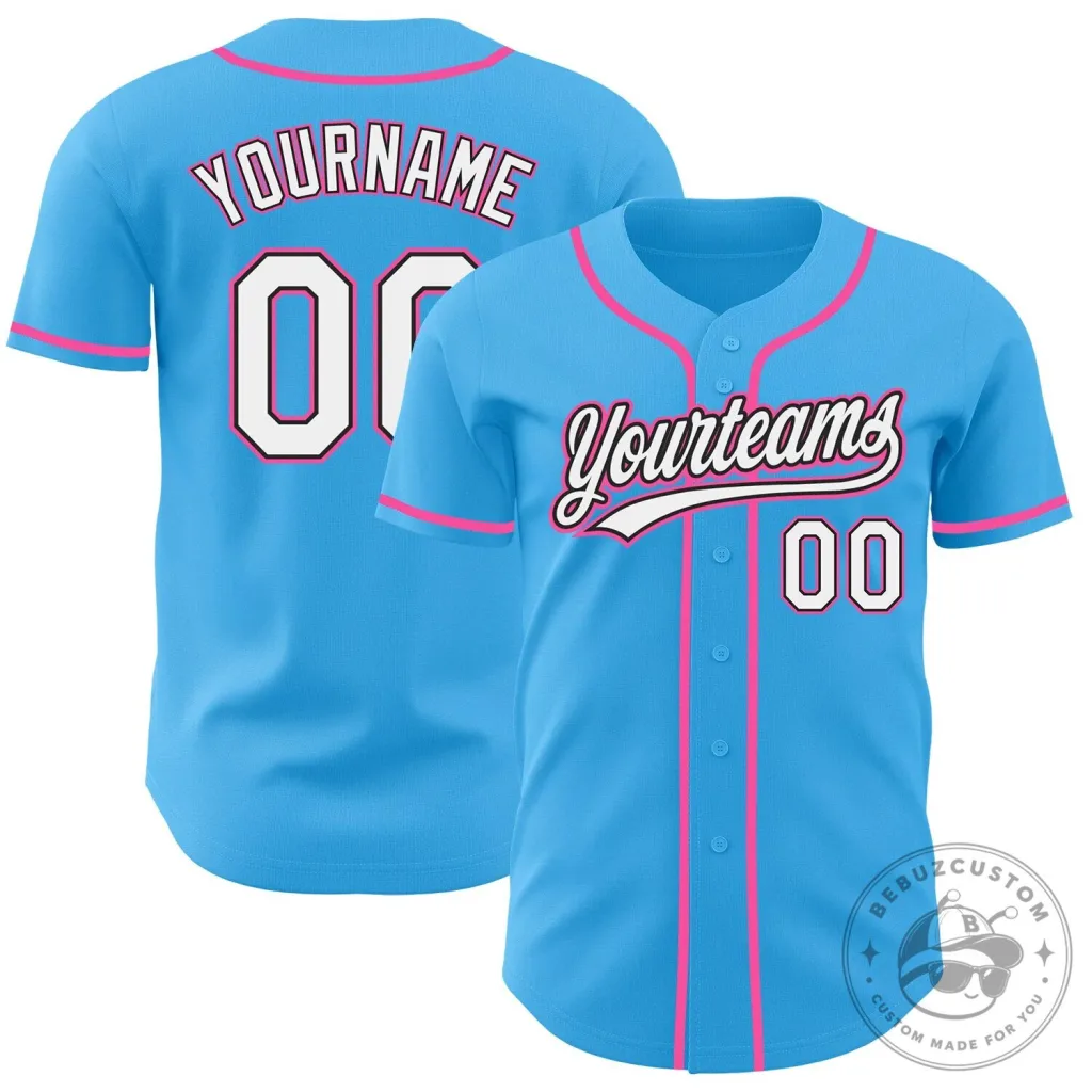 Custom Sky Blue Pink White Authentic Baseball Jersey with Your Name and Number Custom Sky Blue Pink White Authentic Baseball Jersey with Your Name and Number