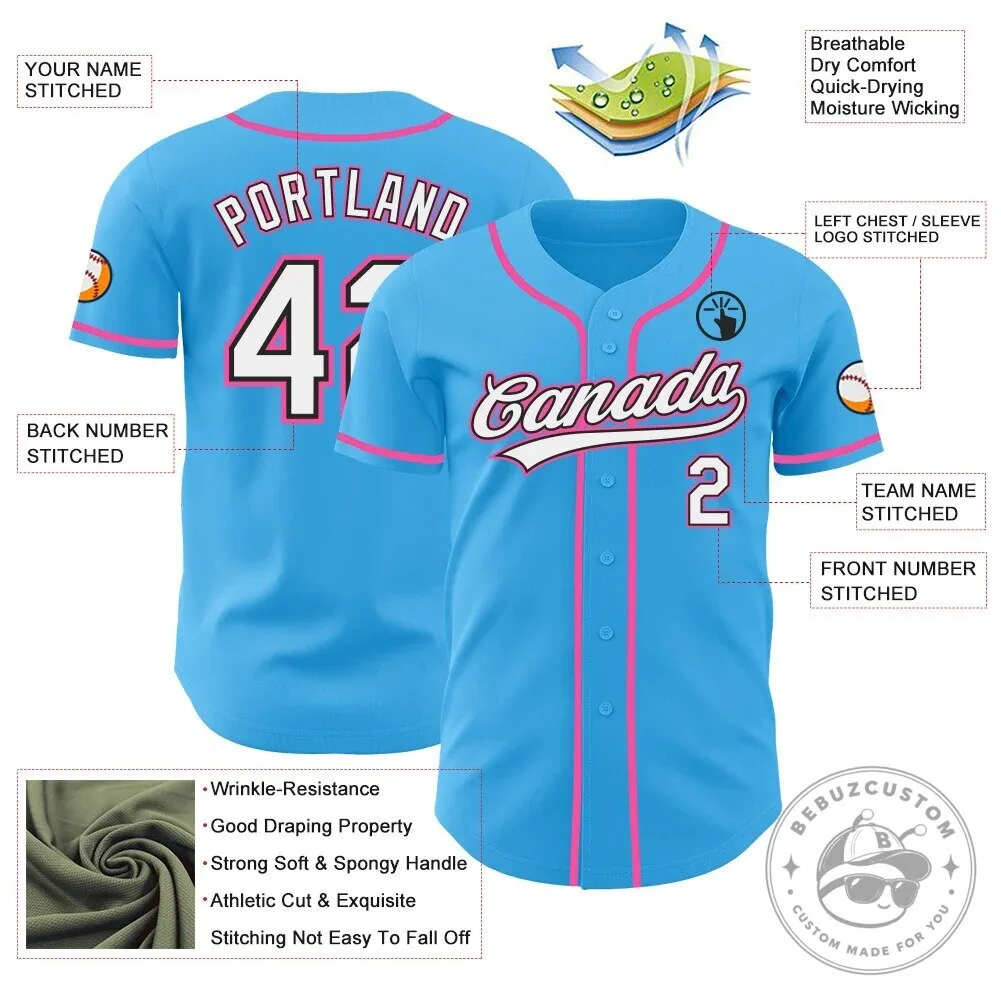 Custom Sky Blue Pink White Authentic Baseball Jersey with Your Name and Number 9 Custom Sky Blue Pink White Authentic Baseball Jersey with Your Name and Number