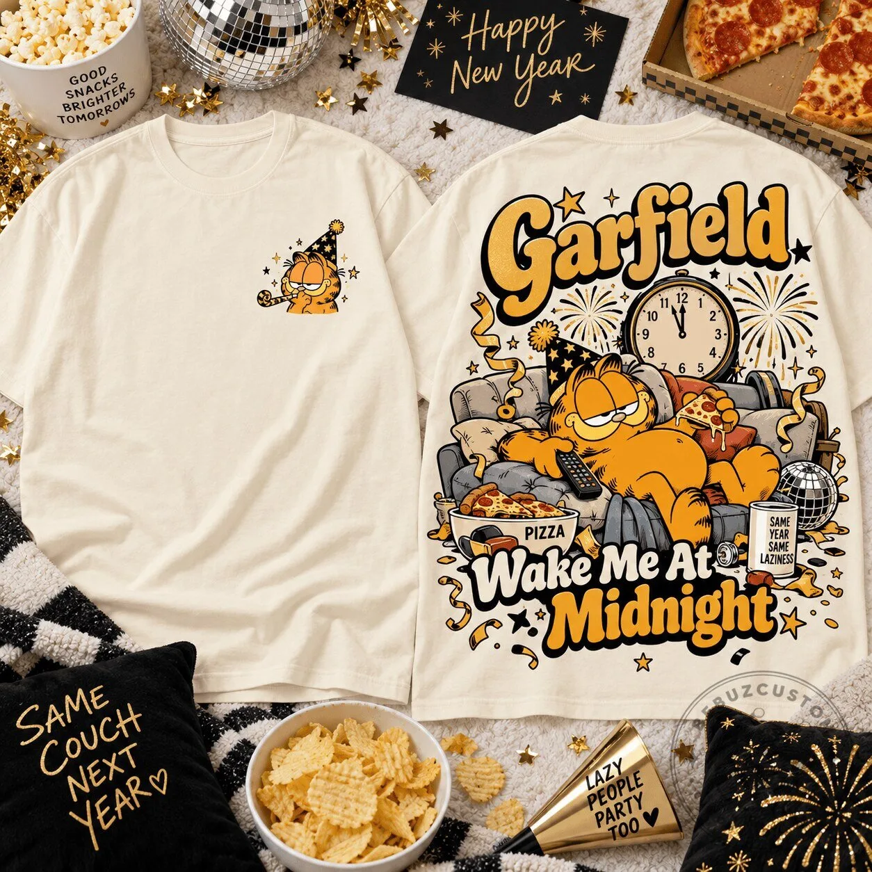 Garfield New Year's Eve Wake Me At Midnight Funny Lazy Cat T-Shirt