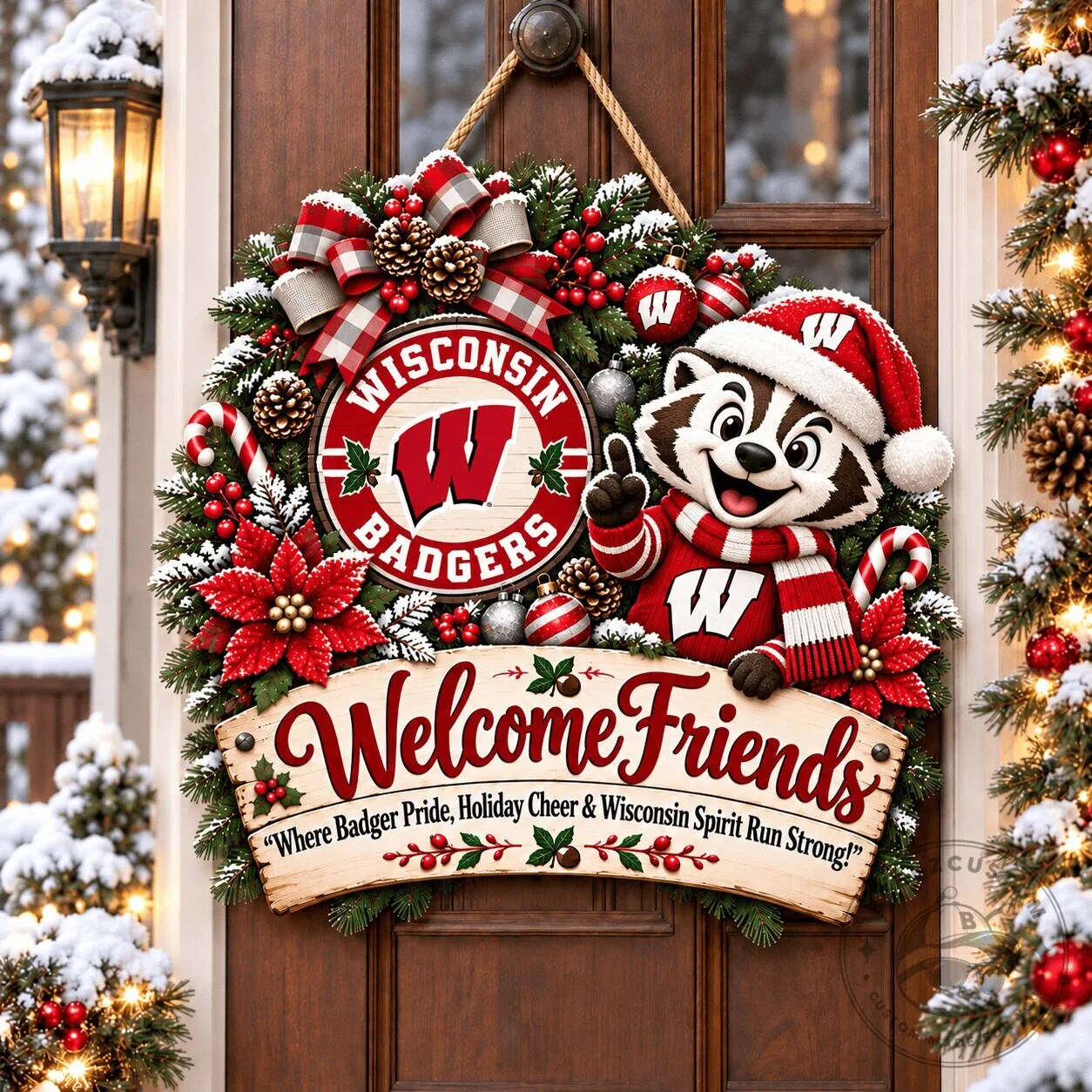 Wisconsin Badgers Bucky Badger Christmas Welcome Friends Door Hanger
