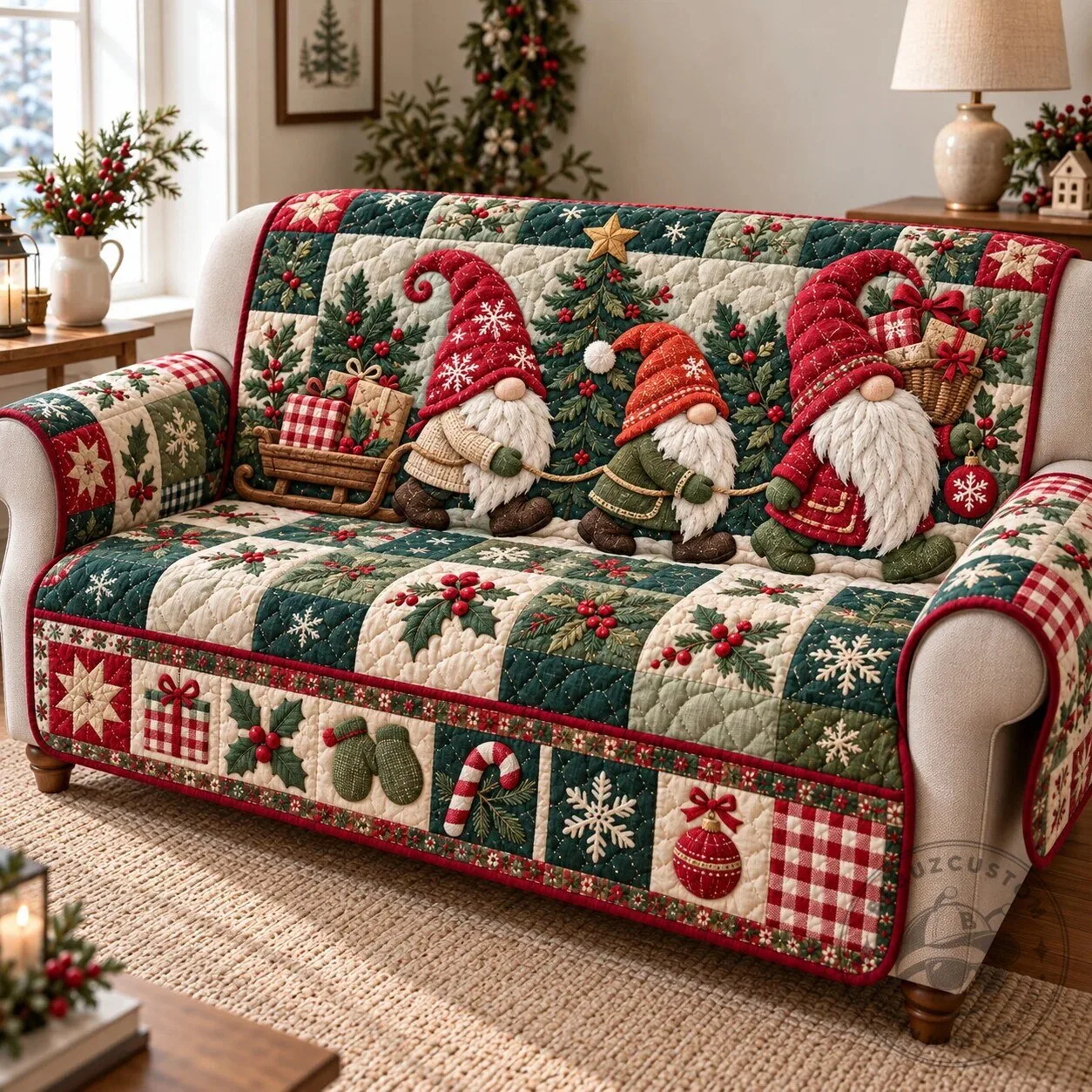 Christmas Gnomes Holiday Quilted Sofa Cover for Living Room Decor