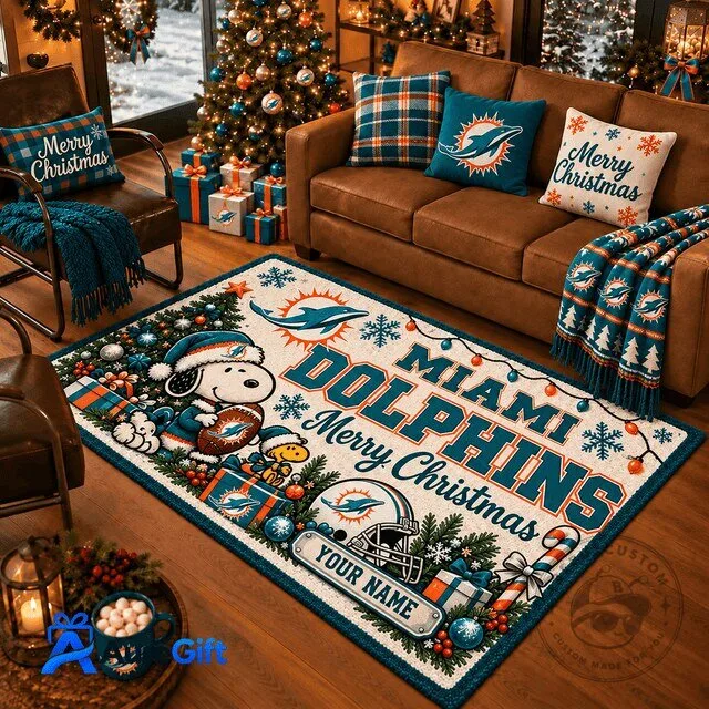 Miami Dolphins NFL Snoopy Christmas Personalized Area Rug