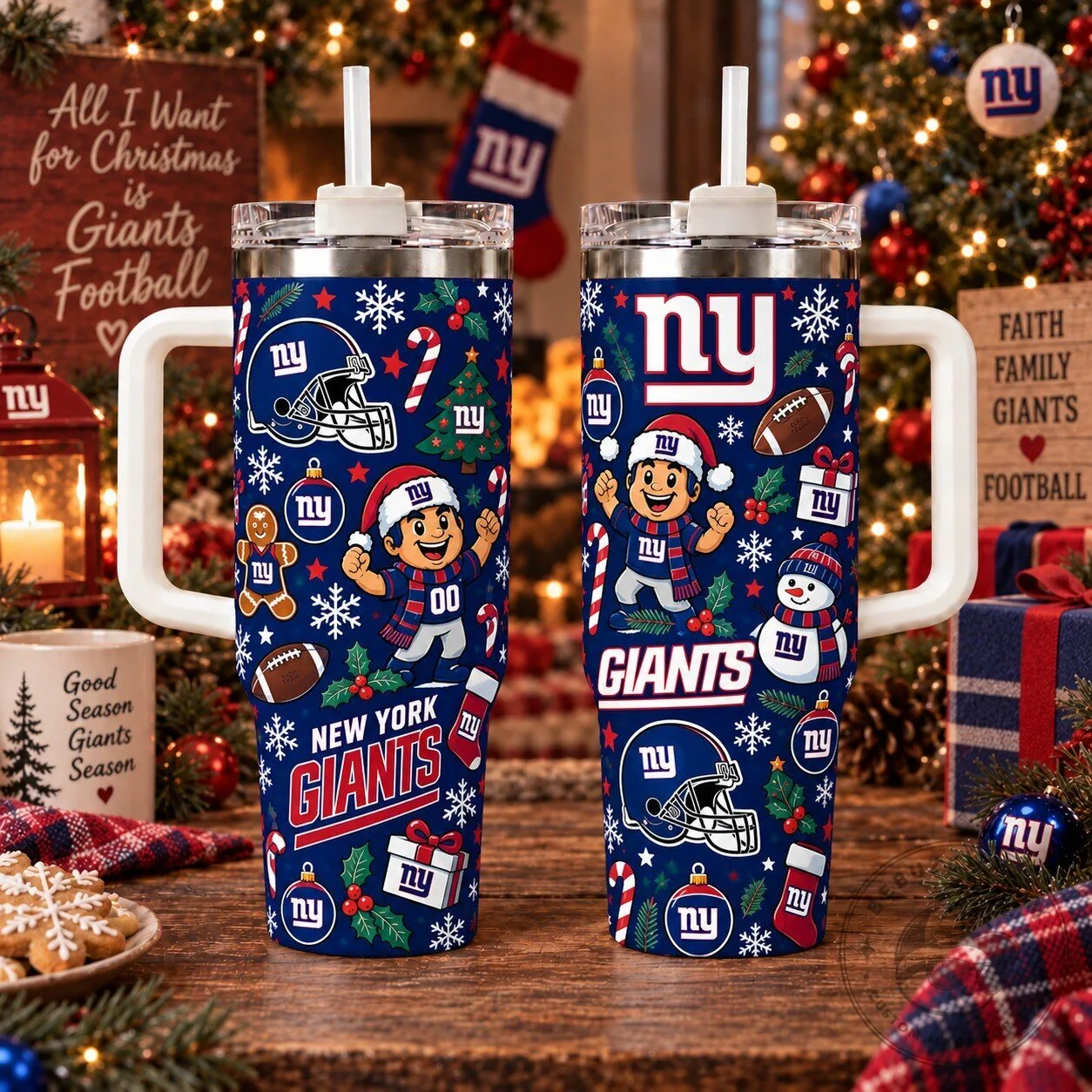 New York Giants Christmas Holiday Football Team 40oz Stainless Steel Tumbler with Handle