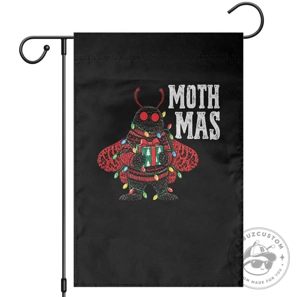 Mothman Christmas Garden Flag with Holiday Lights and Gift Box Design